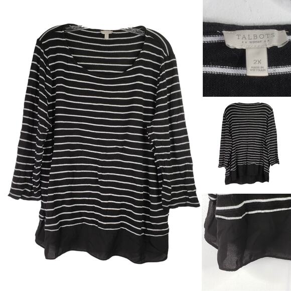 Talbots Shirt Womens Plus Size 2X Striped Black White 3/4 Sleeve Nautical Beach - Picture 1 of 8